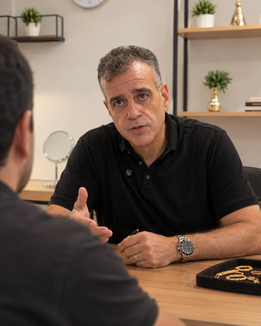 Rogério Paro atendendo pessoalmente um cliente durante uma avaliação de ouro