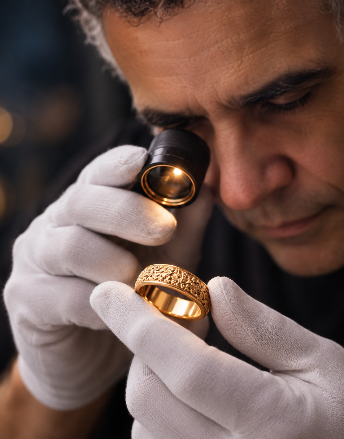 Avaliador examinando uma joia de ouro com lupa
