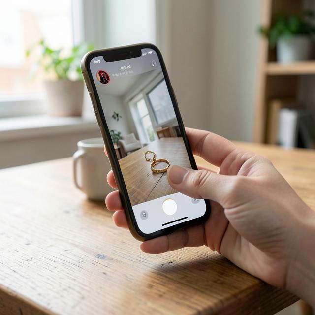 Cliente fotografando um anel de ouro com o celular